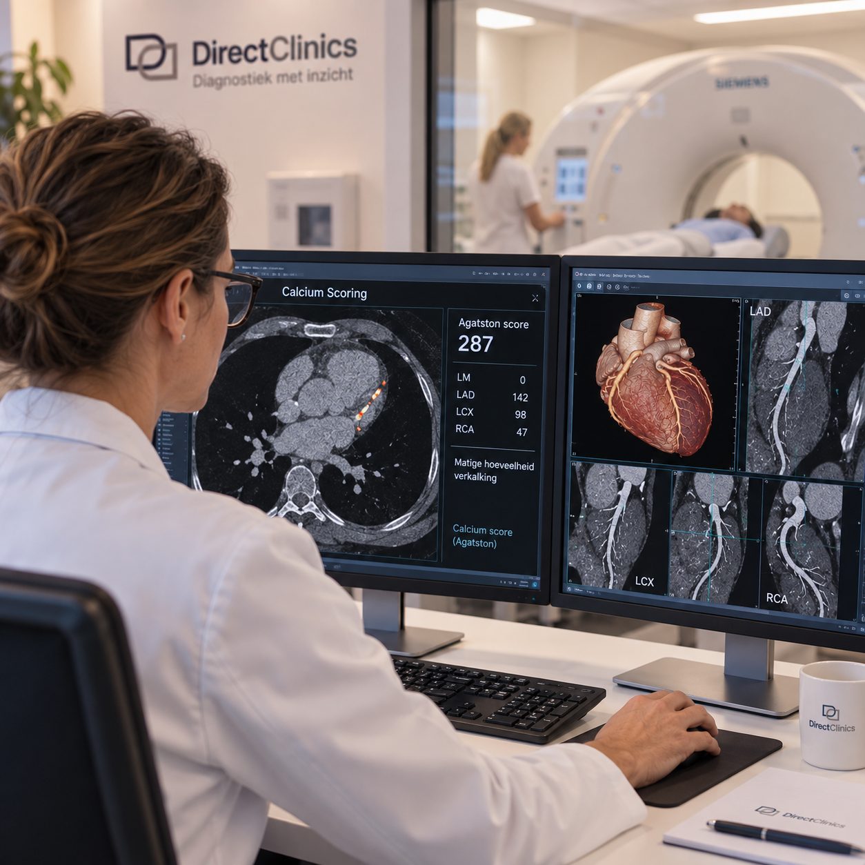 Specialist van DirectClinics beoordeelt een CT-scan van het hart met calciumscore