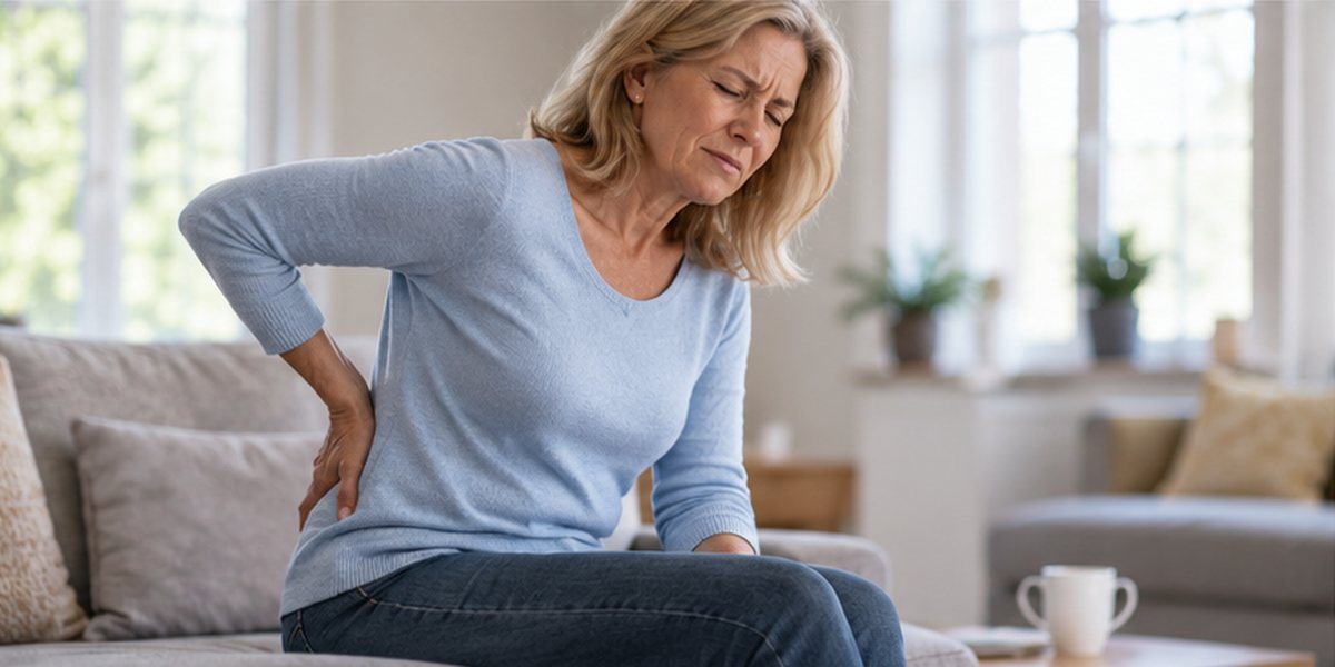Vrouw met plotselinge rugpijn, een mogelijk signaal van osteoporose in de wervelkolom